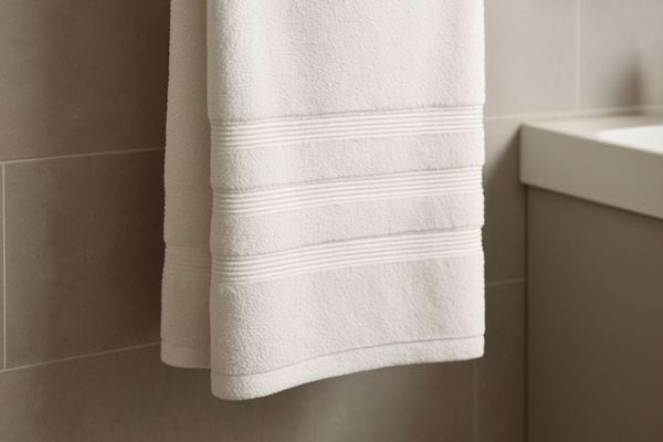 Grande serviette blanche suspendue pres d&rsquo;un lavabo dans une salle de bain epuree.