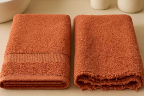 Deux serviettes orange cote a cote, l&rsquo;une neuve et bien pliee, l&rsquo;autre usee et froissee.