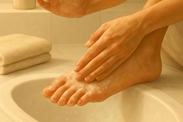 personne applique produit lavant sur les pieds au bord de la baignoire