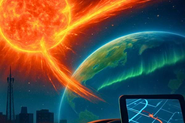 Une énorme éruption solaire semble frapper la Terre tandis qu’un GPS affiche une trajectoire perturbée.