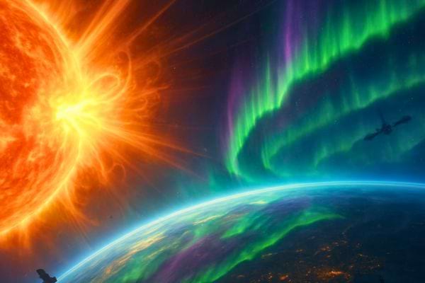 Un soleil en éruption illumine la Terre avec de fortes aurores colorées visibles dans l’atmosphère.