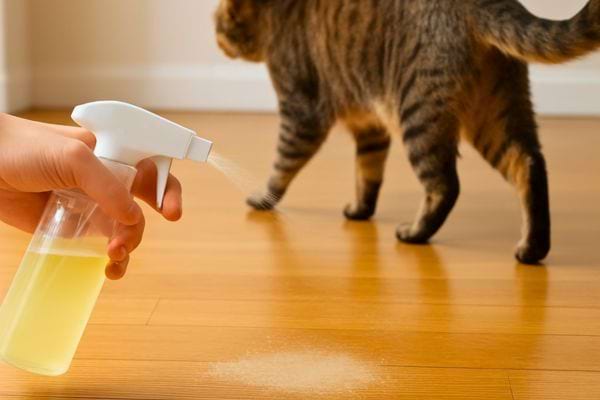Personne vaporisant un melange pour nettoyer une zone souillee tandis qu’un chat s’eloigne.