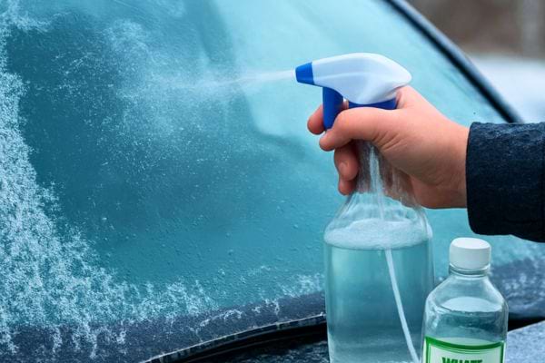 Une main pulverise un melange liquide sur un pare-brise gele pour retirer rapidement la couche de givre.
