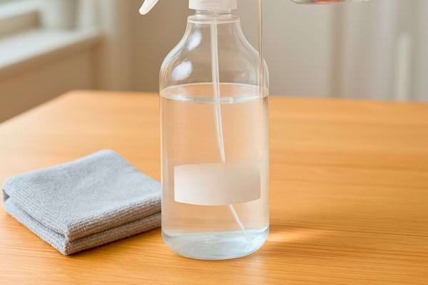 Flacon spray rempli d’eau claire pose sur une table avec un chiffon gris.