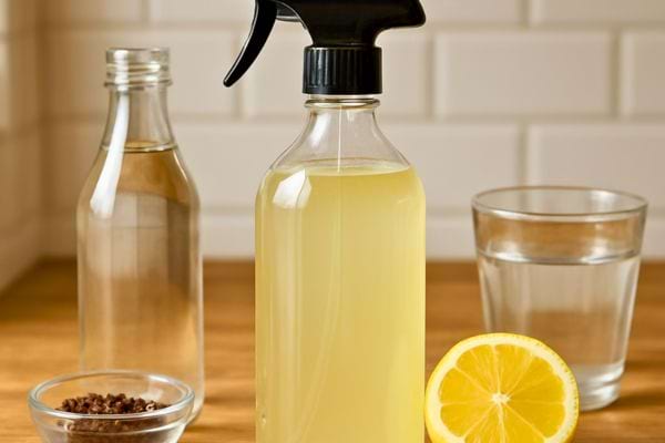 Flacon rempli d’un melange citronne entoure d’eau, vinaigre et clous de girofle.