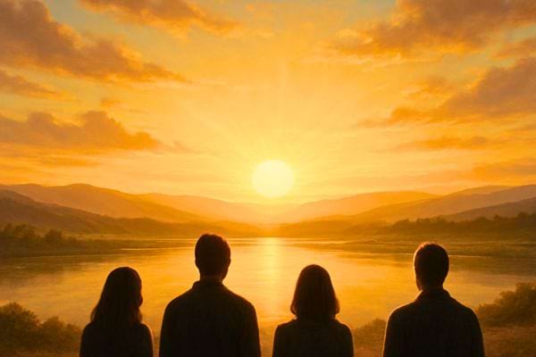 Quatre personnes observent ensemble un coucher de soleil intense sur un lac calme au milieu des montagnes.