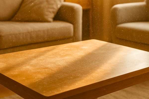 Table recouverte de poussiere visible sous la lumiere du salon.