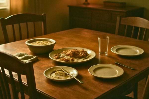 table a manger avec plats entames et chaises vides suggerant un repas termine sans convives