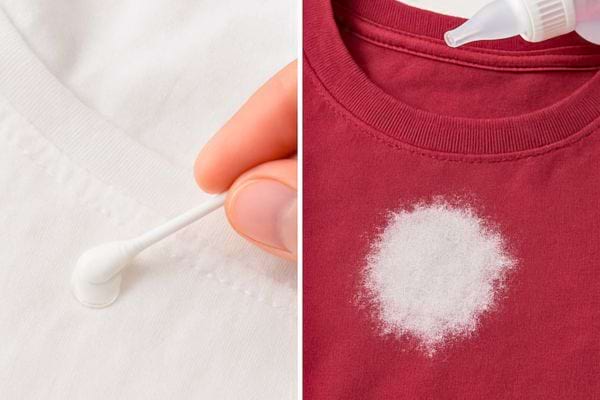 application de produit sur tissu blanc et tache poudreuse visible sur vetement rouge