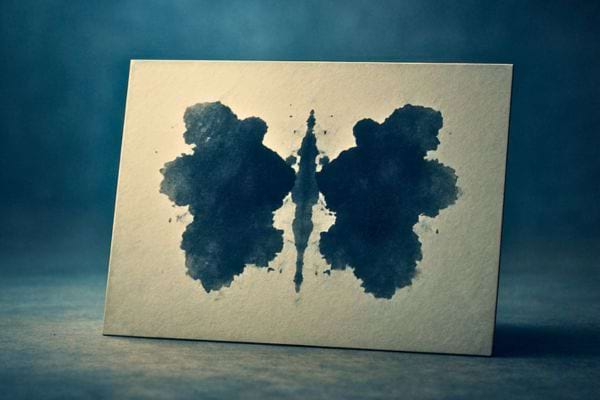 Carte avec tache d encre symetrique rappelant un test psychologique de type rorschach sur fond sombre.