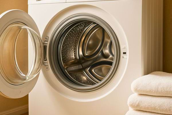 Tambour de machine a laver propre et vide avec porte ouverte, serviettes blanches empilees a cote.