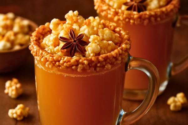 Boisson chaude couleur caramel garnie de popcorn et anis etoile avec bord sucre dans une ambiance gourmande.