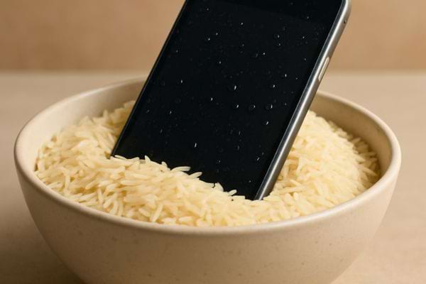 Un smartphone mouillé est placé dans un bol rempli de riz cru pour tenter d’absorber l’humidité et sauver l’appareil.