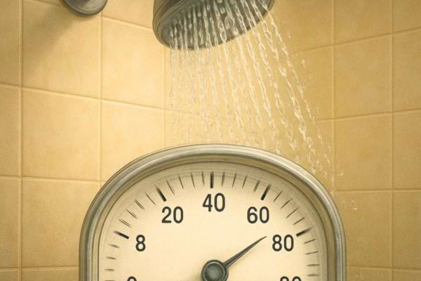 illustration pommeau de douche avec jauge temperature indiquant eau chaude et controle consommation