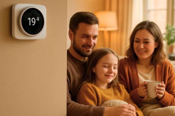 Une famille profite d’un intérieur chaleureux grâce à un thermostat réglé à 19 degrés.