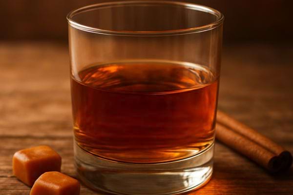 Verre de boisson ambree avec baton de cannelle et cubes de caramel sur une table en bois.