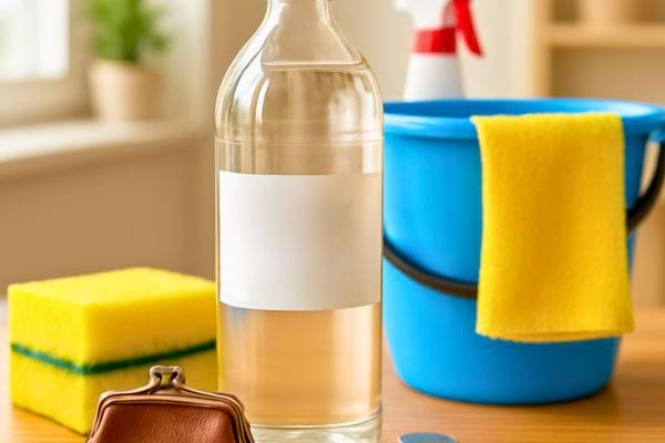 Une bouteille de vinaigre est posée parmi des accessoires de nettoyage colorés.