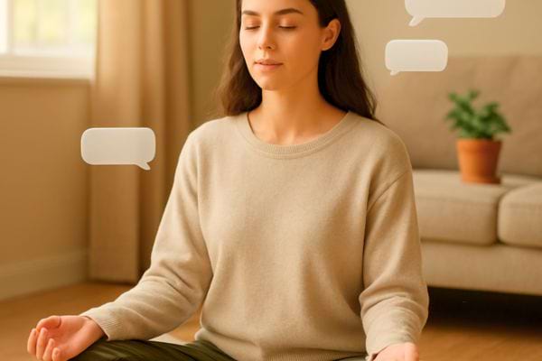 Une femme medite assise dans un salon lumineux, cherchant le calme interieur et la paix mentale.