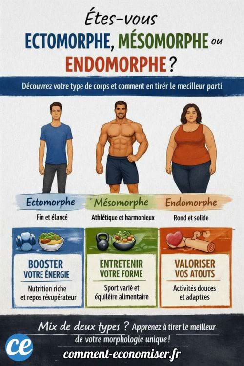Infographie expliquant les morphologies ectomorphe, m&eacute;somorphe et endomorphe avec conseils adapt&eacute;s &agrave; chaque type de corps.