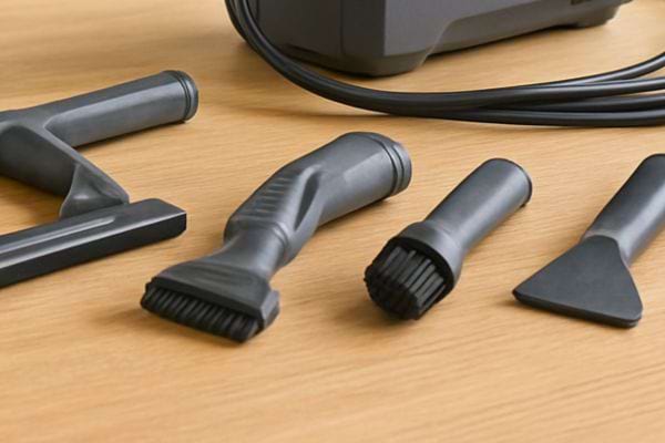 Ensemble d embouts et accessoires pour aspirateur vapeur poses sur une table en bois.