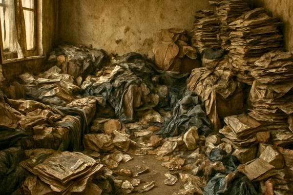 Une piece insalubre remplie de piles de papiers et de vetements froisses entasses sur le sol et les murs.