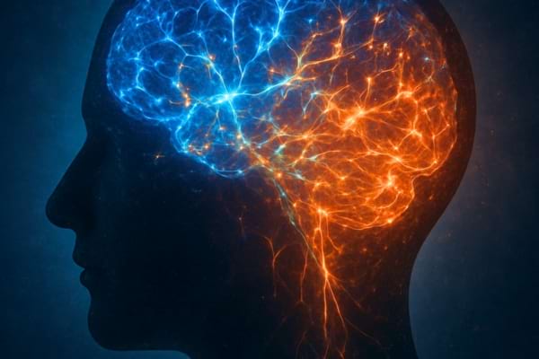 a silhouette of a human head with glowing neural networks inside representing brain chemistry