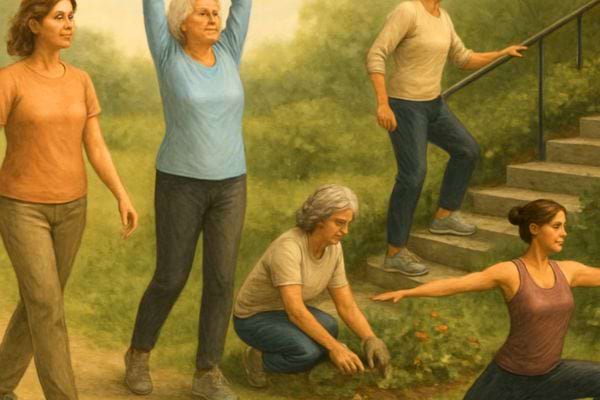 groupe de femmes pratiquant des exercices doux en plein air favorisant mobilite et equilibre