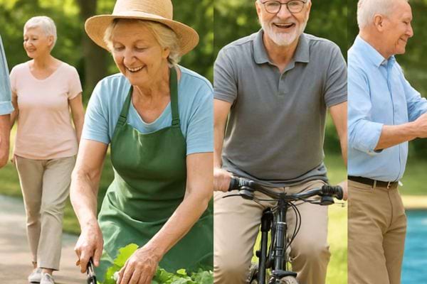 personnes agees jardinant marchant et faisant du velo en exterieur avec le sourire