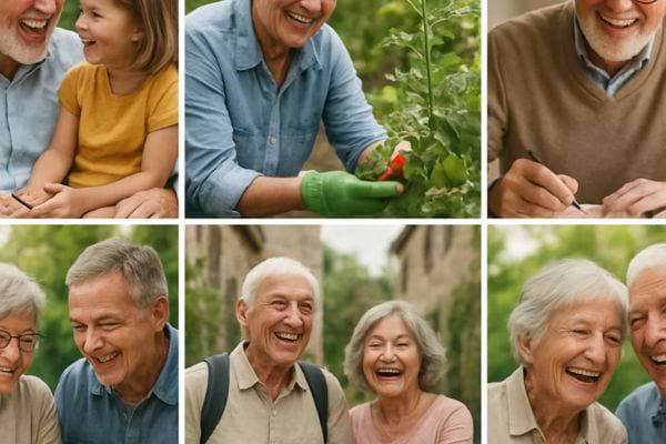 montage montrant des seniors riant jardinant marchant discutant et partageant des moments simples du quotidien