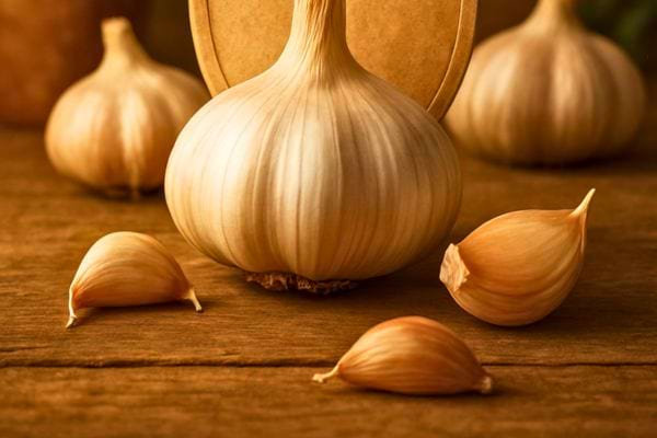 Bulbe dail entier entoure de gousses separees posees sur une surface en bois.