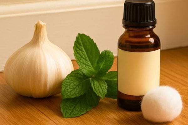 Bulbe dail accompagne dune fiole dhuile essentielle et de feuilles de menthe sur une table.