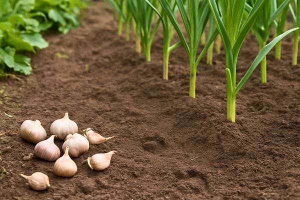 Gousses dail posees sur la terre meuble dun potager avec des jeunes plants en rangees.