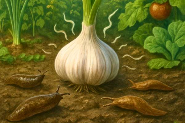 Bulbe dail plante dans la terre avec des limaces autour illustrant son effet repelant naturel.