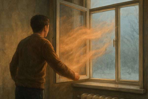 Homme devant une fenetre ouverte laissant s echapper la chaleur vers l exterieur pendant une journee froide.