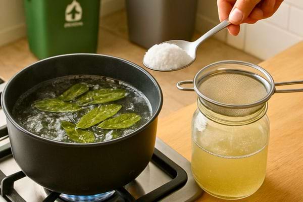 Cuillere de sel ajoutee dans une casserole contenant des feuilles de laurier en cours de cuisson.