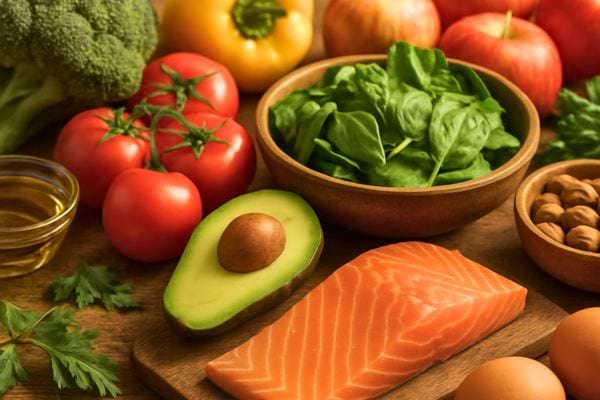 composition daliments sains avec saumon avocat legumes fruits oeufs et huile dolive