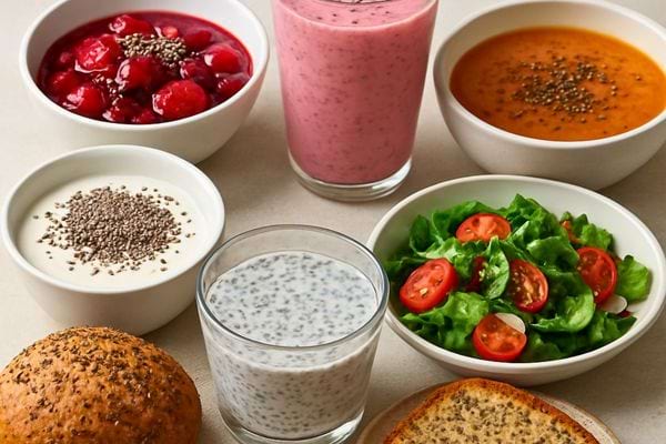 Plusieurs plats contiennent des graines de chia. Ils accompagnent des repas varies et equilibres.