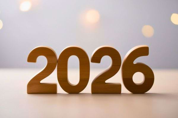 Les chiffres 2026 en bois sont poses sur une surface claire. Ils annoncent une nouvelle annee a venir.