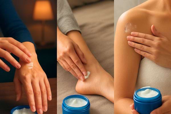 Une creme est appliquee sur la main le pied et l epaule. Les gestes montrent une routine d hydratation corporelle.