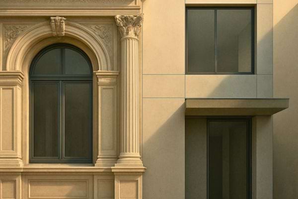 contraste architectural entre facade classique ornementee et immeuble moderne