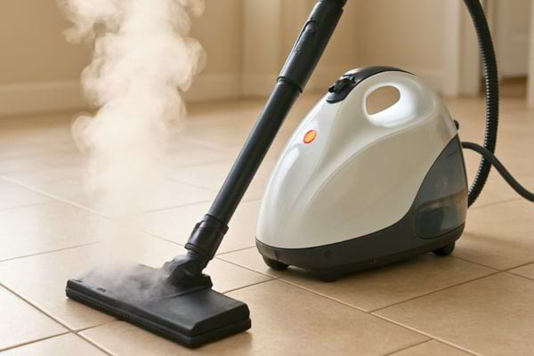 Aspirateur vapeur puissant nettoyant un sol carrelage avec forte emission de vapeur.