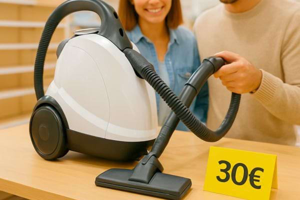 Aspirateur vapeur expose en magasin avec un prix affiche a trente euros et des clients interesses.