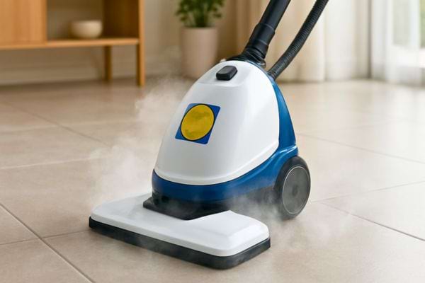Aspirateur vapeur nettoyant un sol carrelage avec vapeur visible dans un interieur lumineux.