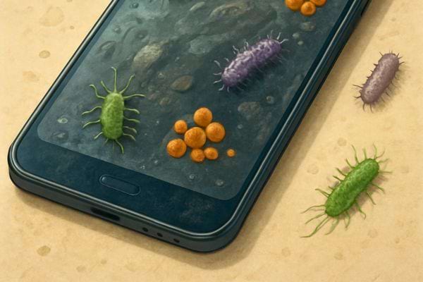 illustration de bacteries sur ecran de smartphone pose sur une surface