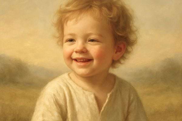 Un bebe souriant regarde legerement de cote dans une ambiance chaleureuse et paisible.