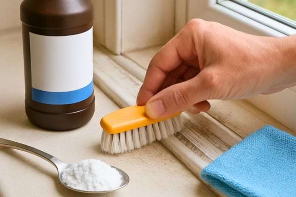Main utilisant une brosse avec bicarbonate pour nettoyer un rebord de fenetre sale.