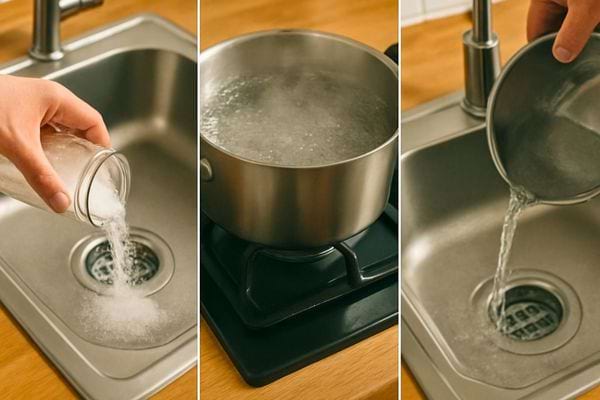 Un montage montre du bicarbonate verse dans l evier puis de l eau bouillante dans une casserole.