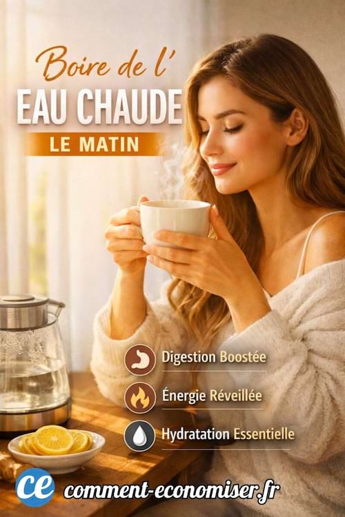 infographie que les bienfaits de l'eau chaude le matin où on voit une femme voire une tasse d'eau chaude