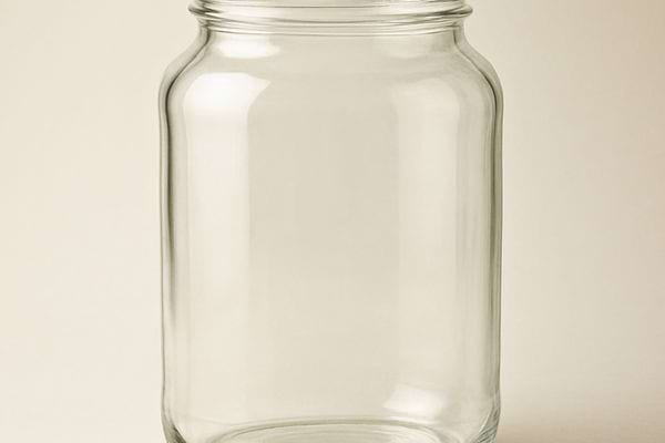 Un bocal en verre vide est pose sur un fond clair. Il est propre et sans etiquette.