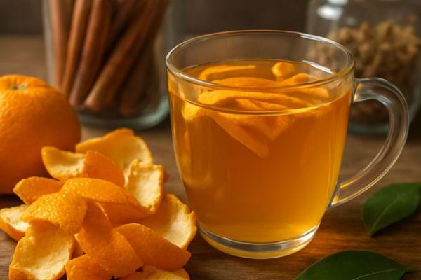 tasse en verre remplie d infusion avec ecorces d orange cannelle et ingredients autour